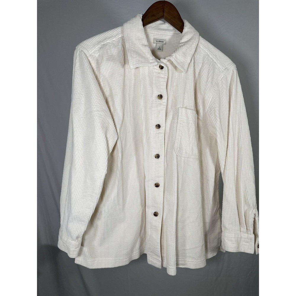 L.L.Bean Cream Cotton Shirt Jacket Ladies L Petite Long Sleeve Shacket